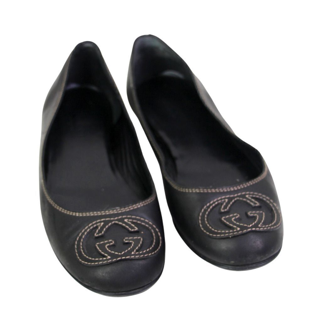 Gucci ITALY BLACK REAL LEATHER LOGO FLAT ROUND TOE BALLET SLIP ON SHOES Size 35G